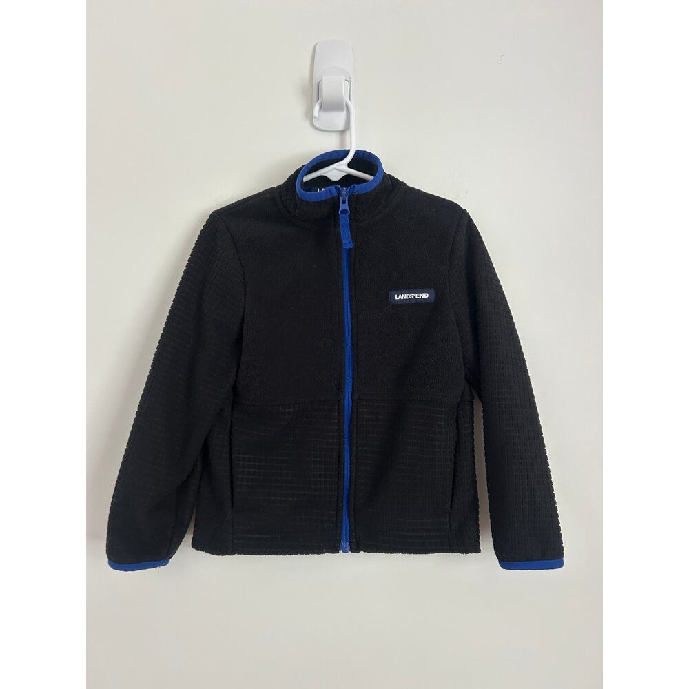 Lands' End Boy's Breathable Grid Fleece Full-Zip Jacket XS(4/5) Black Blue Trim - Picture 3 of 7